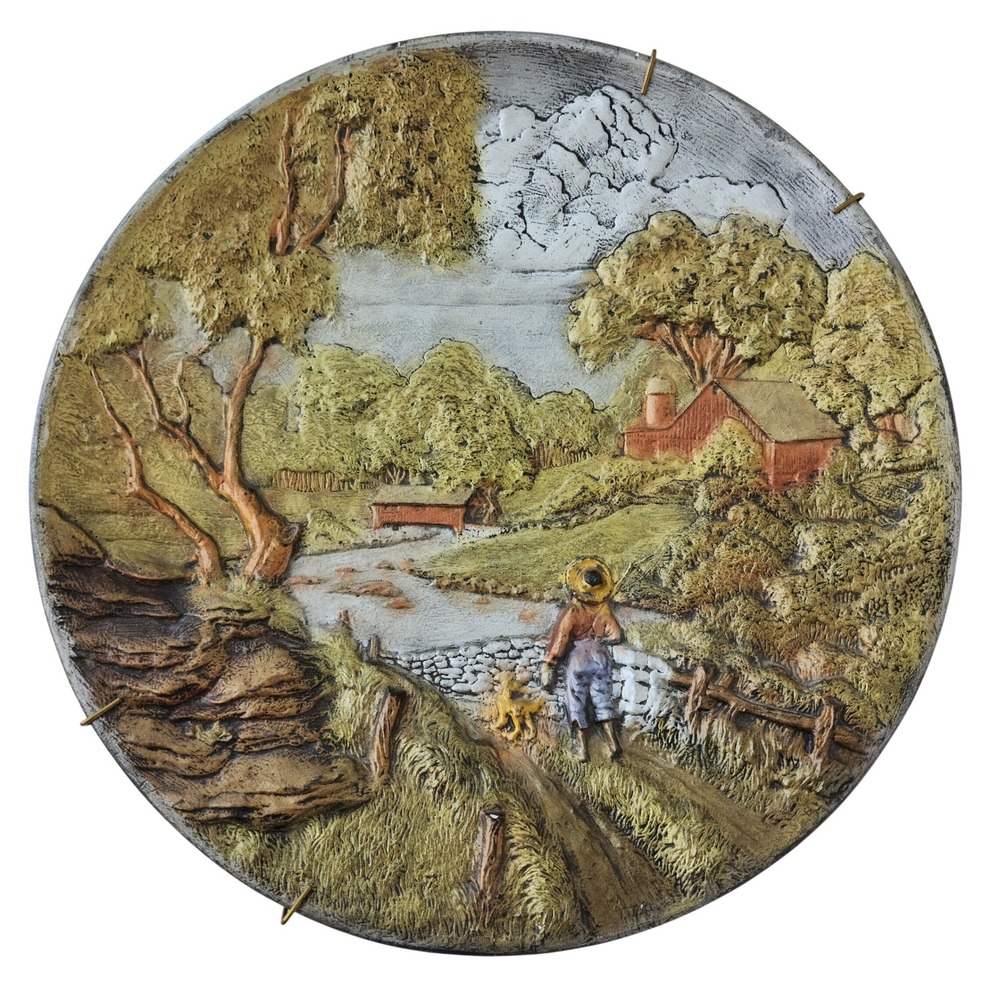 Vintage 1972 Byron Molds Ceramic 3D Relief Plate Country‎ Landscape Boy & Dog